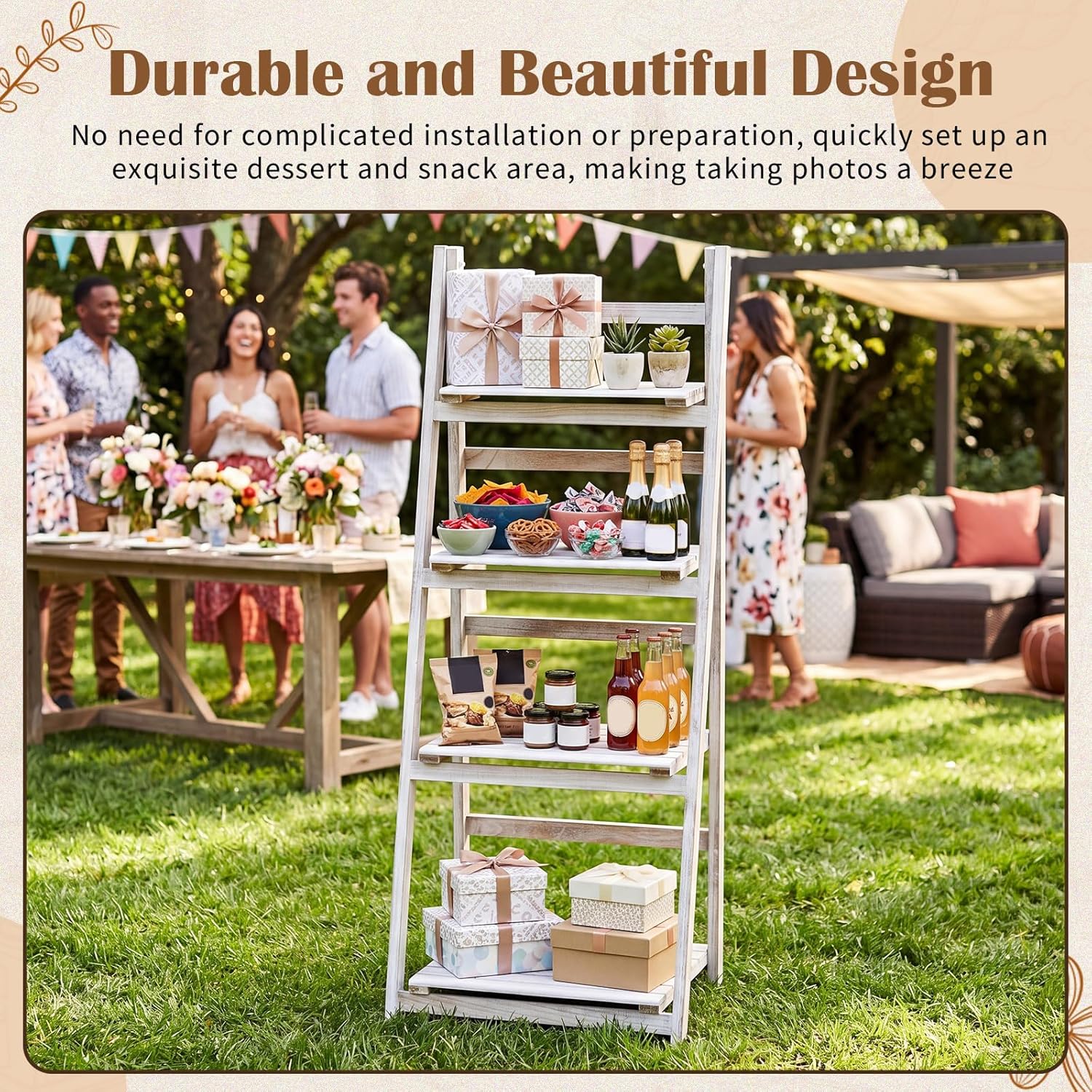 Sintuff White Wooden 4-tier Foldable Ladder Shelf, Sturdy Dessert & Snack Display Stand for Birthday Party & Wedding, Indoor Stand Corner Storage Bookshelf, Rustic Storage Rack, No Tool Assembly