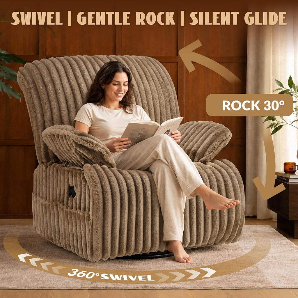 GRAINELL Oversize 40-Inch Swivel Glider Recliner, Wide Stripe Fabric Rocking Chair with 360° Rotation, for Adults Nursery Living Room (Khaki)