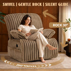 GRAINELL Oversize 40-Inch Swivel Glider Recliner, Wide Stripe Fabric Rocking Chair with 360° Rotation, for Adults Nursery Living Room (Khaki)