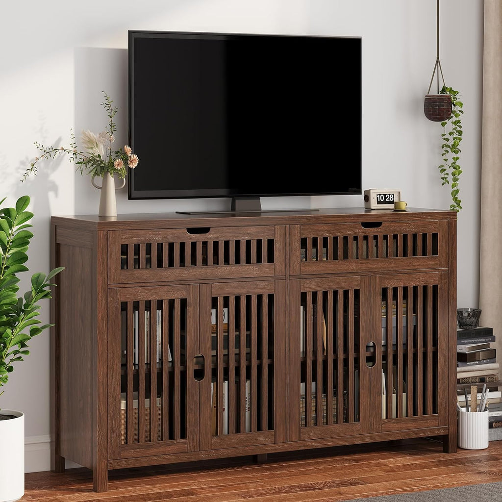 Vabches Modern Sideboard Cabinet with 4 Doors & 2 Drawers, Wood Buffet Cabinet with Storage for Dining & Living Room, Brown