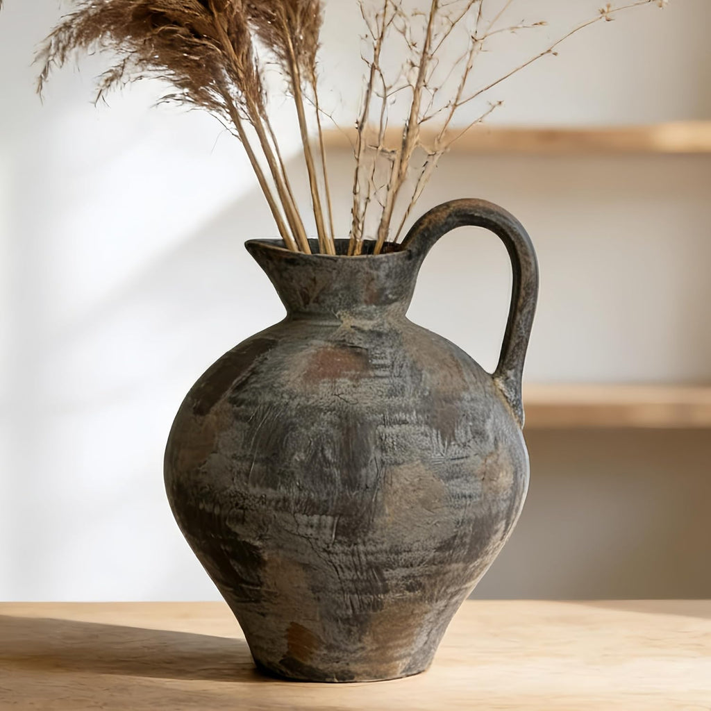 Ceramic Rustic Farmhouse Vase with Handle, 8.8 Inch Brown Vintage Vase, Rustic Ceramic Pottery for Home Decor, Farmhouse Decor Centerpiece for Kitchen, Living Room, Entryway