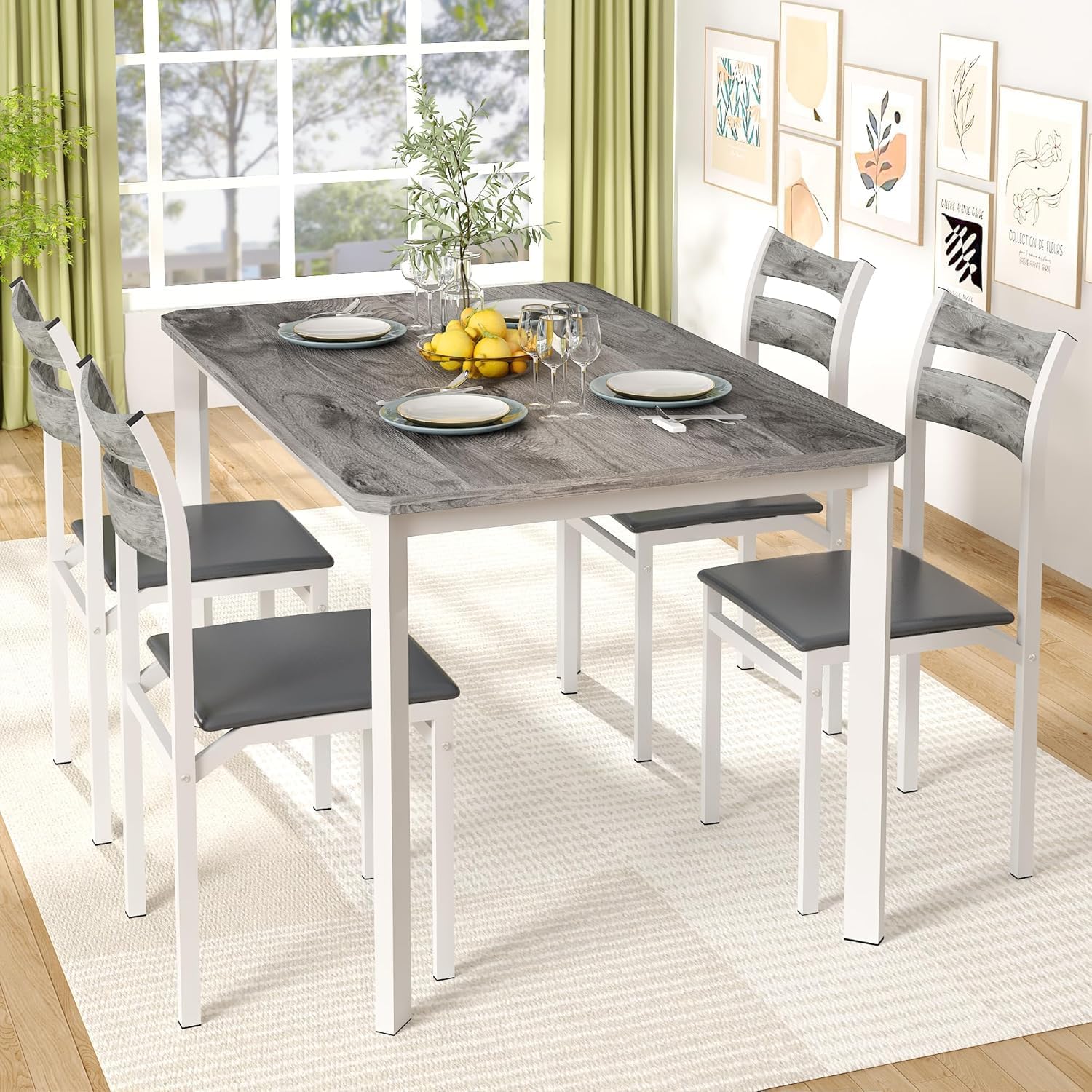 Recaceik Dining Table Set for 4, Wood Kitchen Table with Metal Frame & MDF Board, 5-Piece Kitchen Table Set for Small Space, Dinette and Apartment, Rustic Grey
