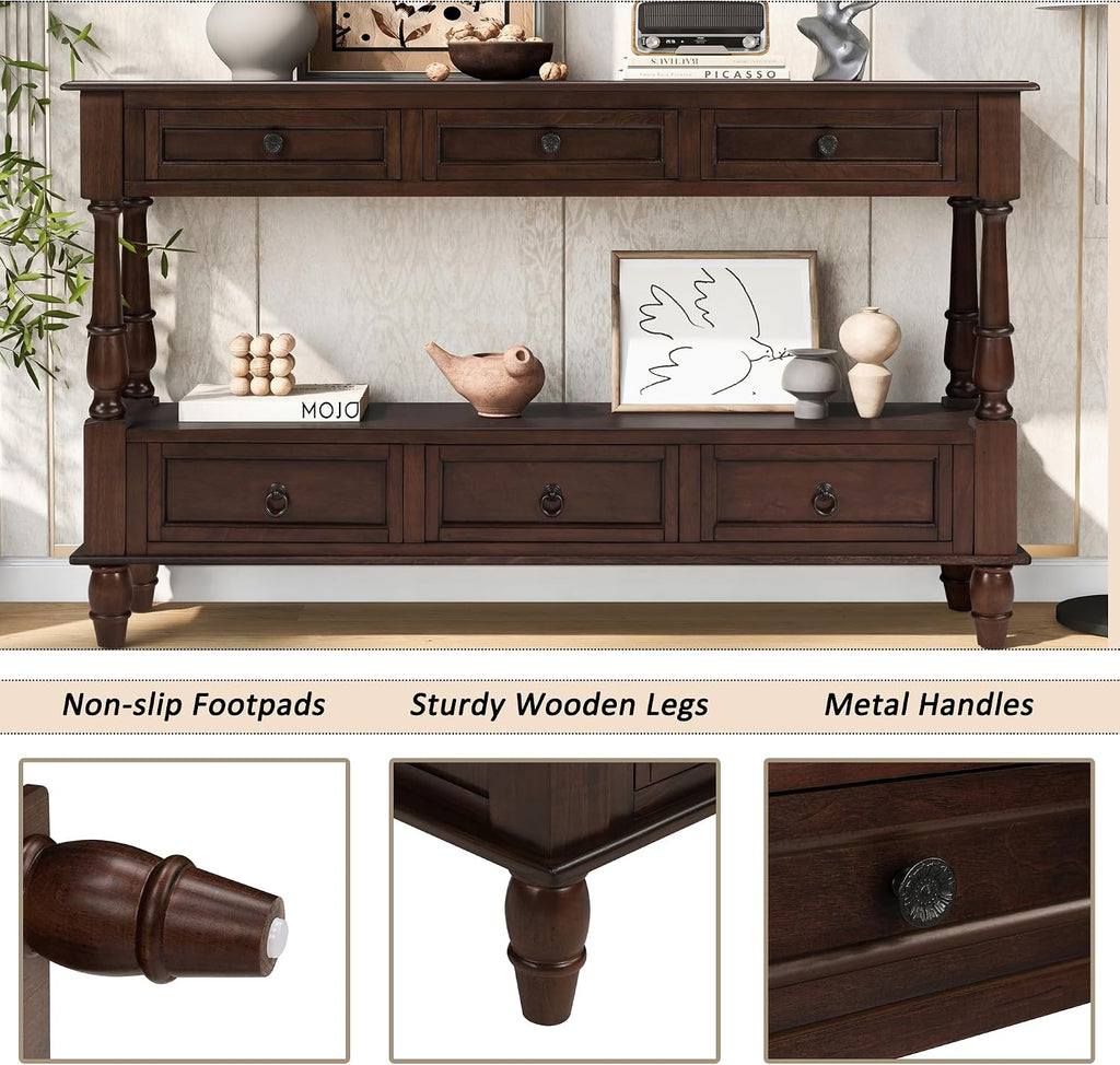 Knocbel Console Table with 6 Storage Drawers and Bottom Shelf, Vintage Sofa Table with Solid Wood Frame and Legs for Entryway Living Room, 54" W x 13.5" D x 32" H, Espresso