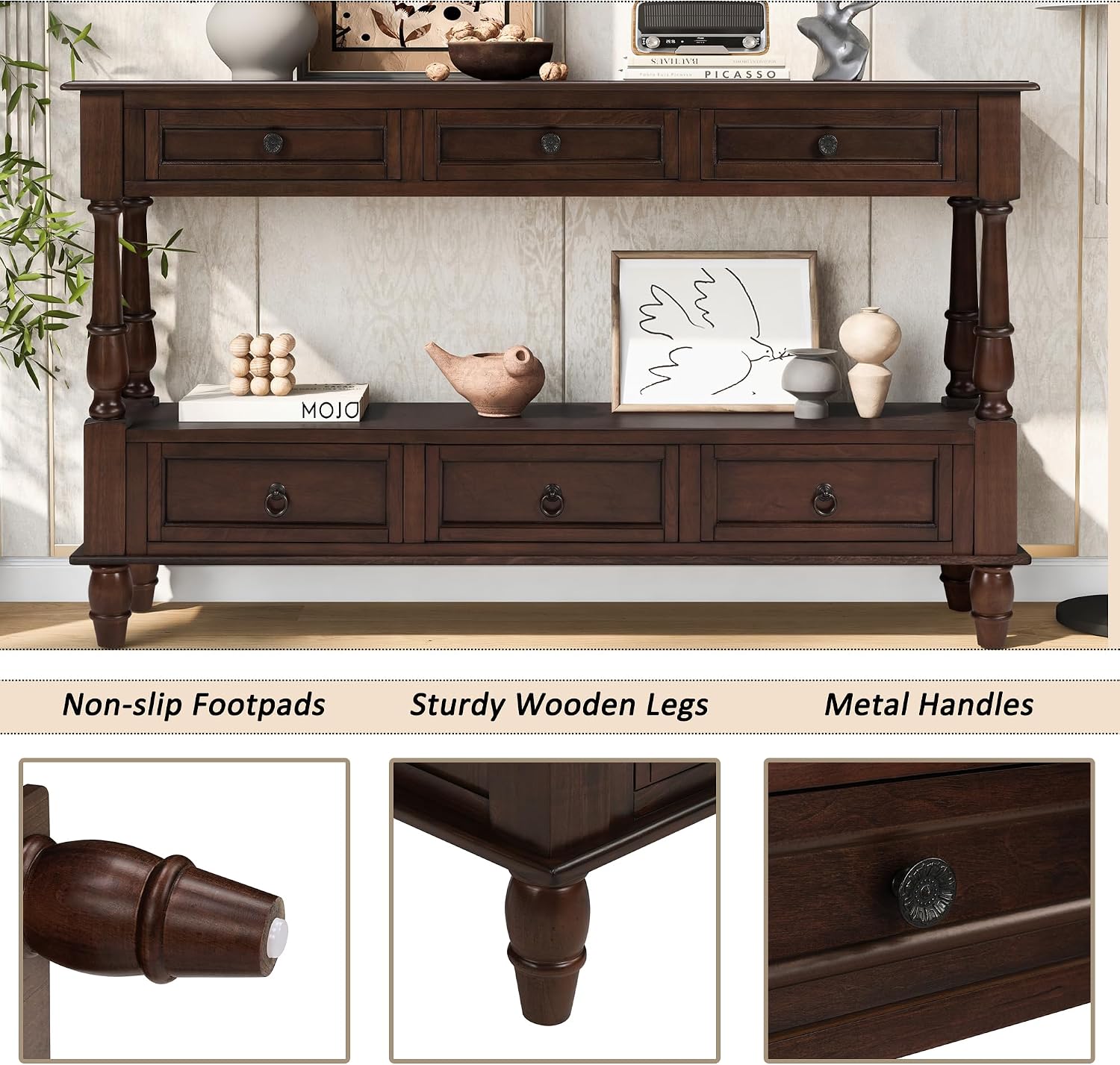 Knocbel Console Table with 6 Storage Drawers and Bottom Shelf, Vintage Sofa Table with Solid Wood Frame and Legs for Entryway Living Room, 54" W x 13.5" D x 32" H, Espresso