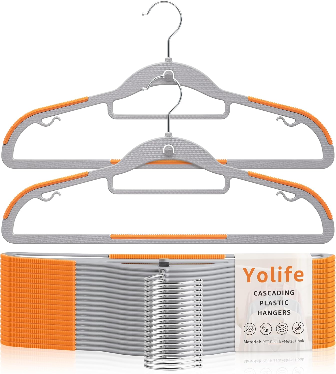 Yolife Cascading Plastic Clothes Hangers 10 Pack with Inner Hook for Vertical Storage, Slim Space Saving Hangers with Non-Slip Pads, 360° Swivel Metal Hook, Versatile, Gray & Orange