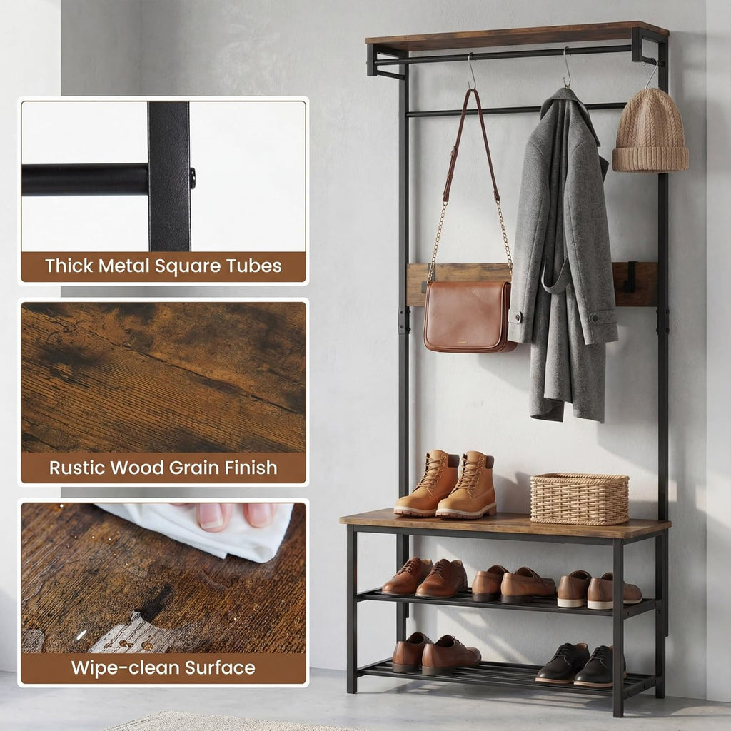 COSTWAY Hall Tree with Bench and Shoe Storage, 4-in-1 Entryway Organizer with 6 Removable Hooks, Top Shelf & Hanging Rod, Industrial Coat Rack for Mudroom Entrance Bedroom Living Room, Rustic Brown