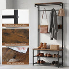 COSTWAY Hall Tree with Bench and Shoe Storage, 4-in-1 Entryway Organizer with 6 Removable Hooks, Top Shelf & Hanging Rod, Industrial Coat Rack for Mudroom Entrance Bedroom Living Room, Rustic Brown