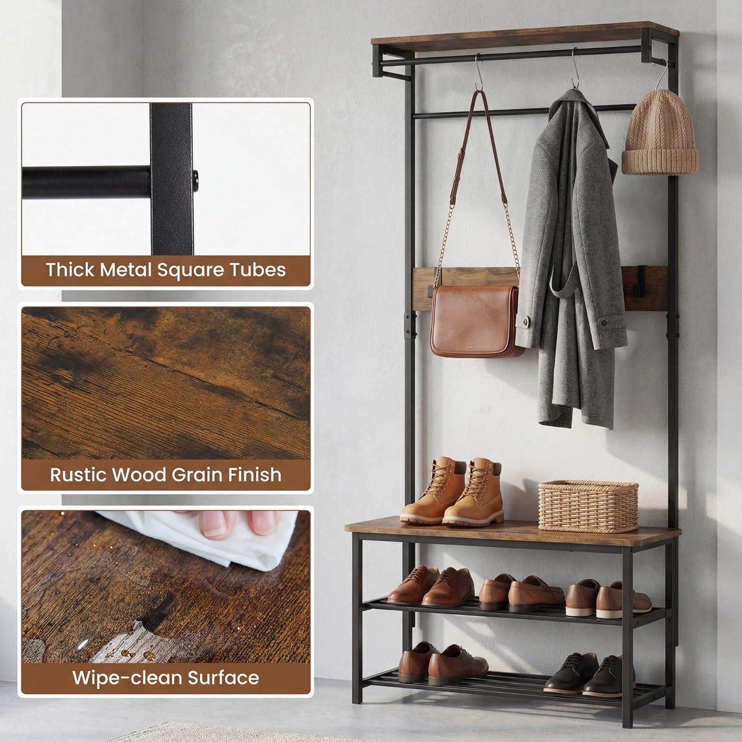 COSTWAY Hall Tree with Bench and Shoe Storage, 4-in-1 Entryway Organizer with 6 Removable Hooks, Top Shelf & Hanging Rod, Industrial Coat Rack for Mudroom Entrance Bedroom Living Room, Rustic Brown