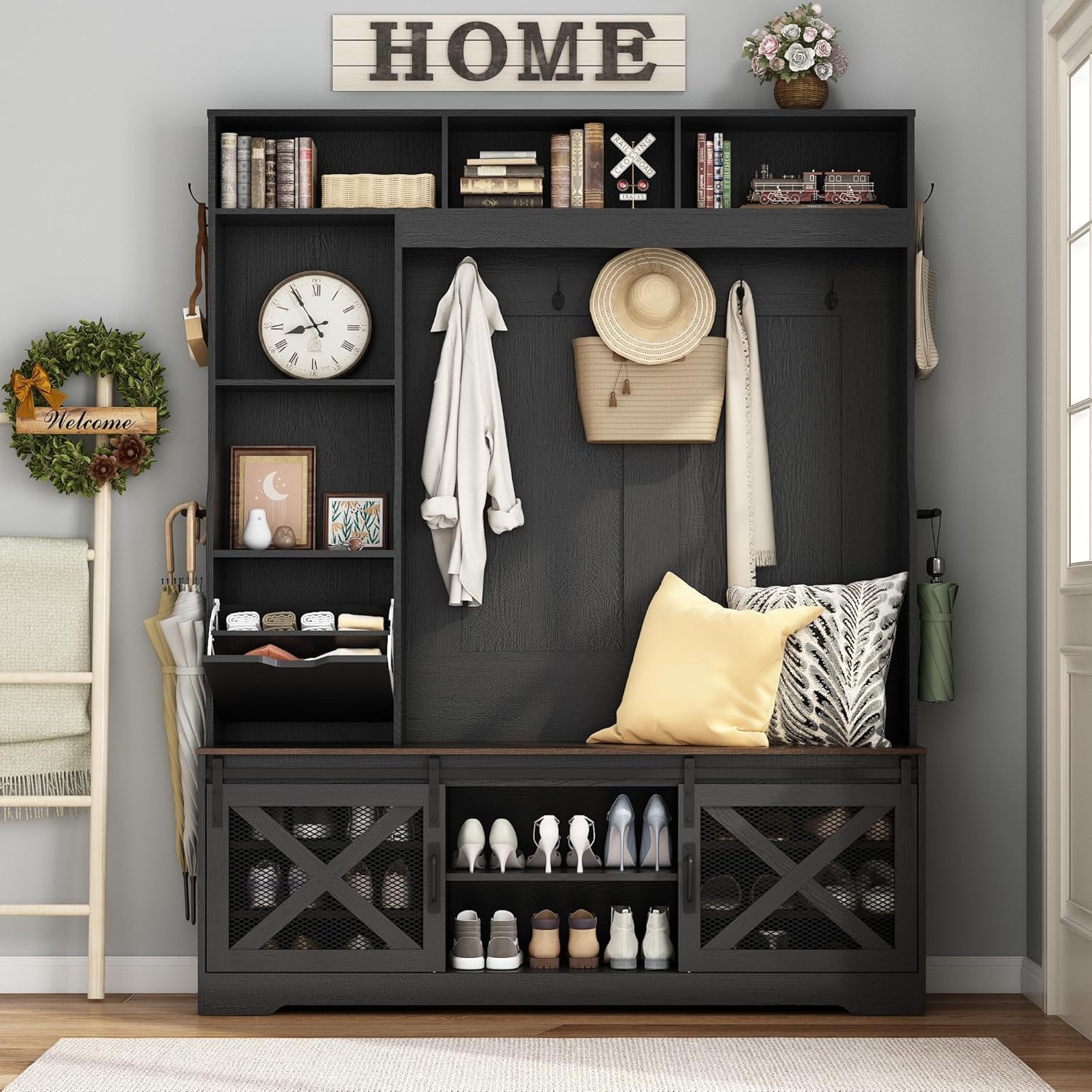 75''H 59''W Large LED Farmhouse Hall Tree with Bench and Shoe Storage,Entryway Bench with Coat Rack,16 Shoe Cubbies & Umbrella Holder and Sock Storage Drawer,Mudroom/Hallway Storages Cabinet(black)