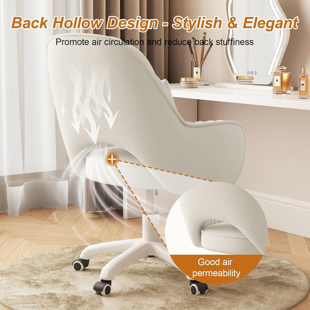 Mid-Back Velvet Desk Chair, Height Adjustable Swivel Vanity Chair with Wheels, Rolling Accent Chair for Home Office, Bedroom, Living Room, Cream