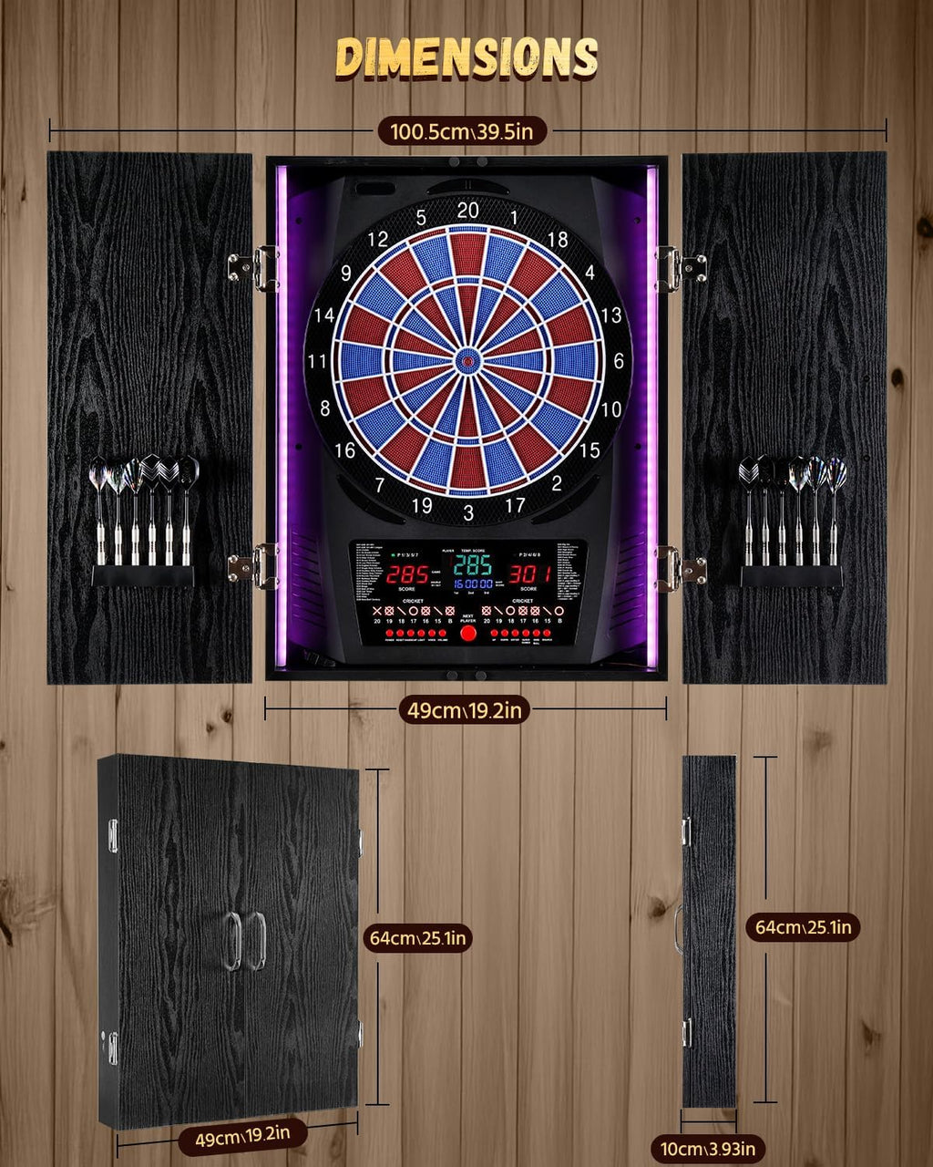 Electronic Dart Board, Electric Dartboard for Adults [12*Bronze Soft Tip Darts] 8-Color LED for 8 Players-Rustic Dart Board Cabinet for Home & Bar