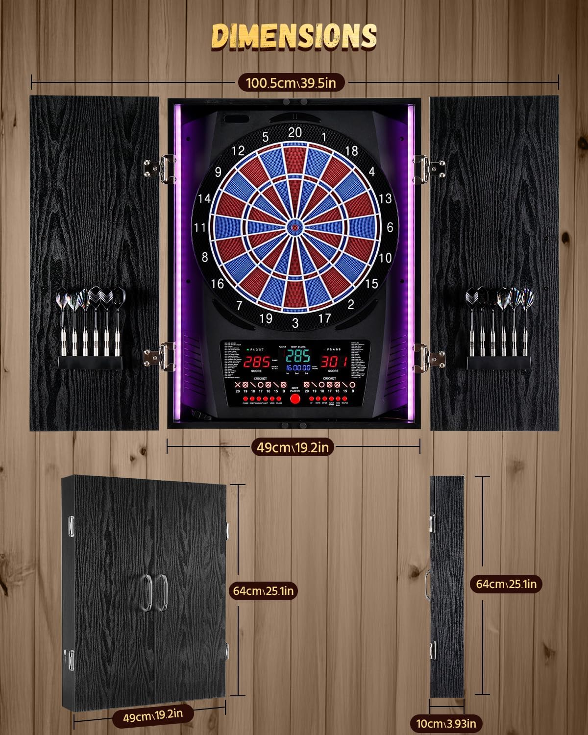 Electronic Dart Board, Electric Dartboard for Adults [12*Bronze Soft Tip Darts] 8-Color LED for 8 Players-Rustic Dart Board Cabinet for Home & Bar