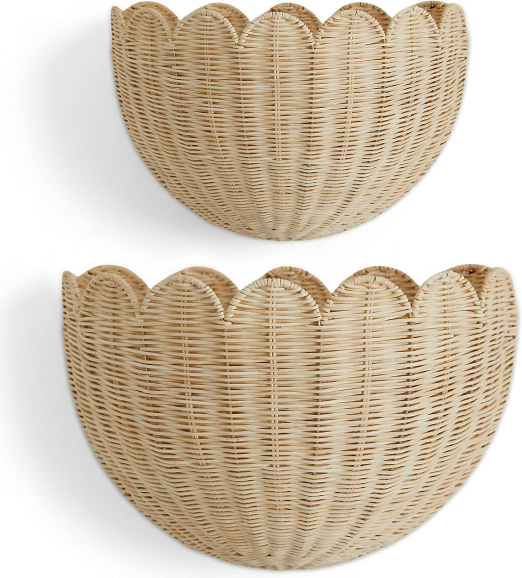 BEBE BASK The Original Scalloped Wicker Wall Basket – Set of 2 – Handwoven Scalloped Wall Baskets (16 x 10 x 7 in), Woven Rattan Wall Hanging Baskets - Natural Scalloped Basket