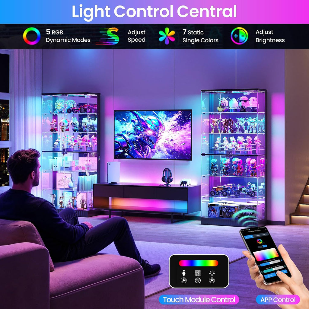 Lvifur 71" Tall Glass Display Cabinet with RGB Lights for Living Room,Black | 6-Tier Lockable Curio Cabinet with Glass Door,Display Shelves,App Control,Motion Sensor,Display Case for Collectibles/Books