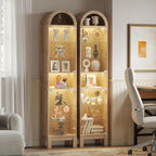 71" H Narrow Arched Display Cabinet with Glass Doors & 8-Tier Shelves, Slim Curio Cabinets with LED Lights for Collectibles/Perfume, Tall Storage Cabinets for Corner, Small Space (Oak)