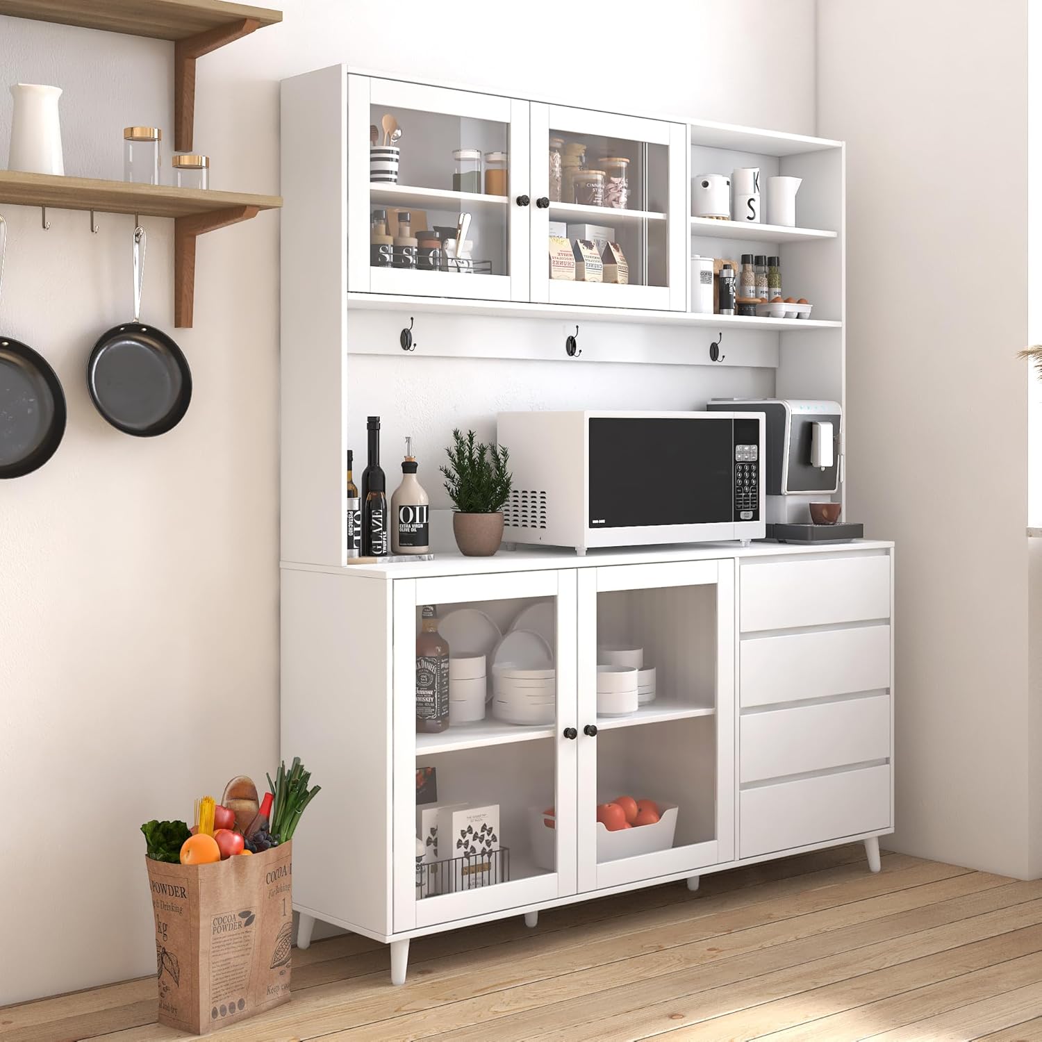 Freestanding Storage Cabinet with 4 Dawers, 3 Shelves, 2 French Doors, Rectangular Wood Kitchen Pantry, Modern Minimalist, for Living Room, Dining Room, White