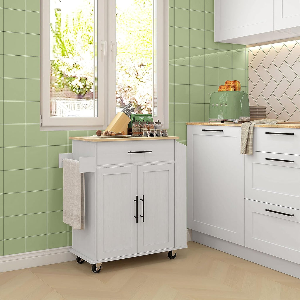 HOMCOM Kitchen Island with Storage, Rolling Kitchen Cart with AC Outlets and USB Ports, Microwave Stand with Towel and Spice Rack, White