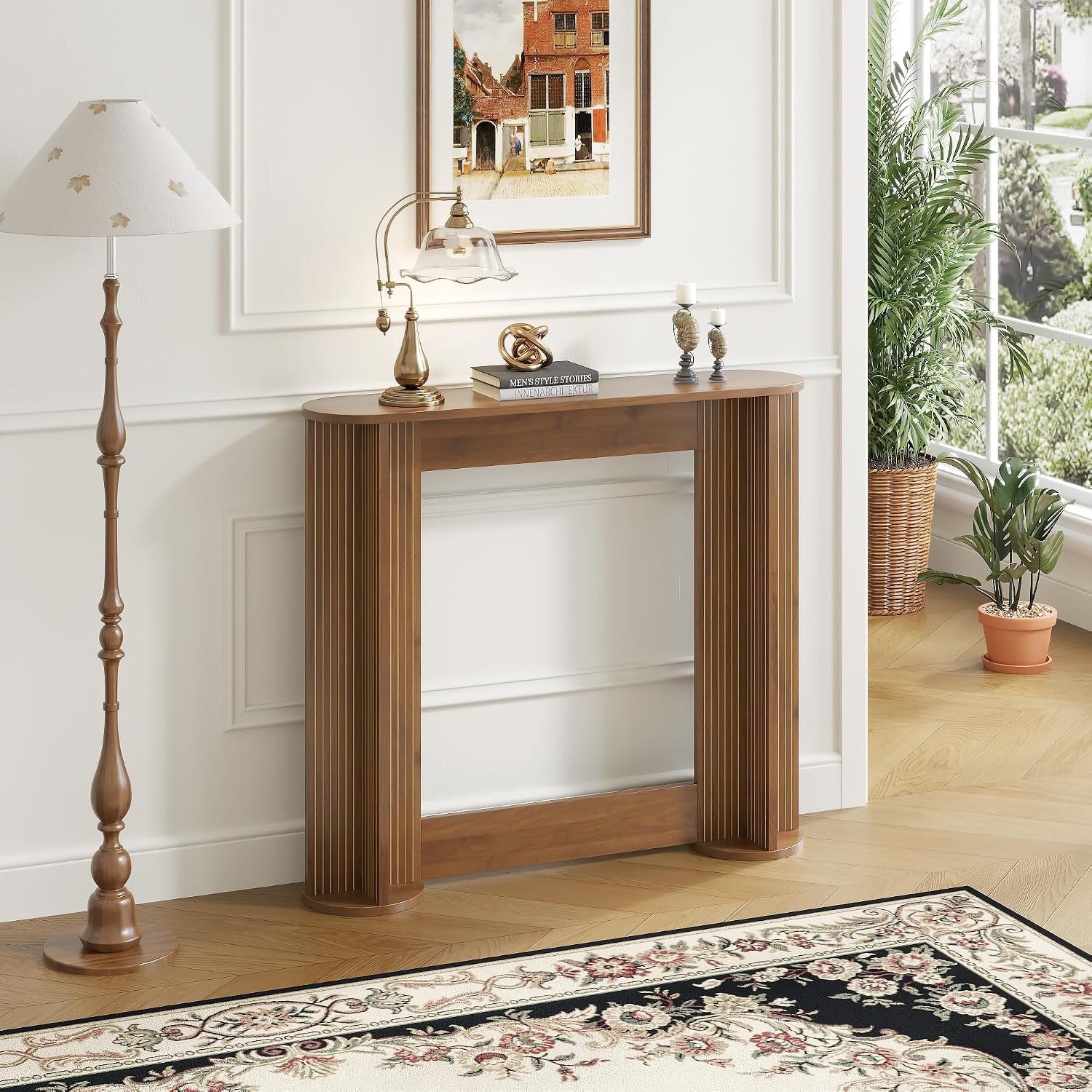 35 Inch Small Narrow Console Table Behind Couch, Mid-Century Modern Fluted Skinny Entryway Table, Slim Sofa Table for Hallway, Living Room, Wood, Brown, Walnut