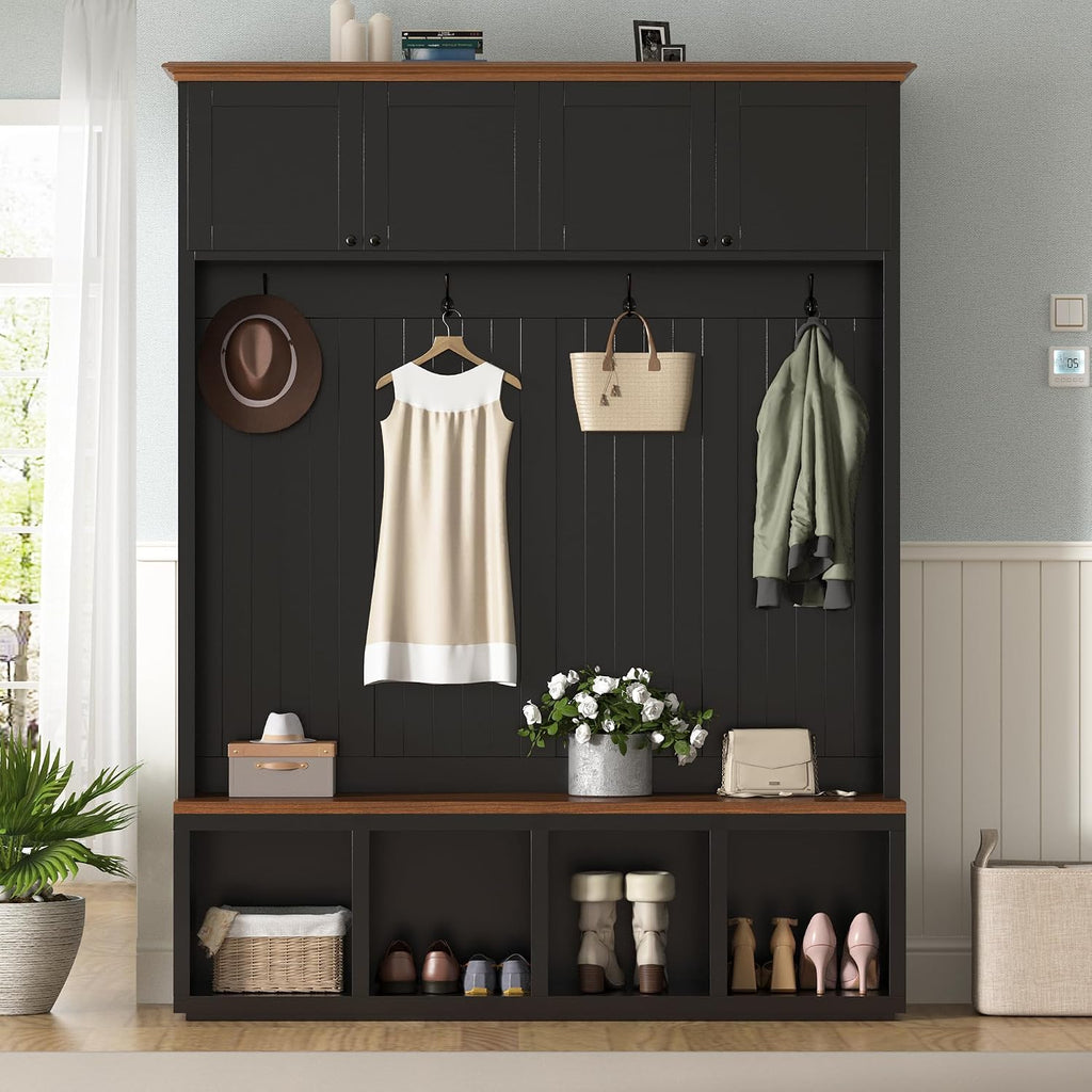 VilroCaz Modern 59''W Hall Tree with Bench and Storage, Farmhouse Wood-grain Accent 4-in-1 Hall Tree with Top Cabinets, Coat Racks and Hooks for Hallway Living Room Mudroom (Black-4DM)