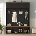 VilroCaz Modern 59''W Hall Tree with Bench and Storage, Farmhouse Wood-grain Accent 4-in-1 Hall Tree with Top Cabinets, Coat Racks and Hooks for Hallway Living Room Mudroom (Black-4DM)
