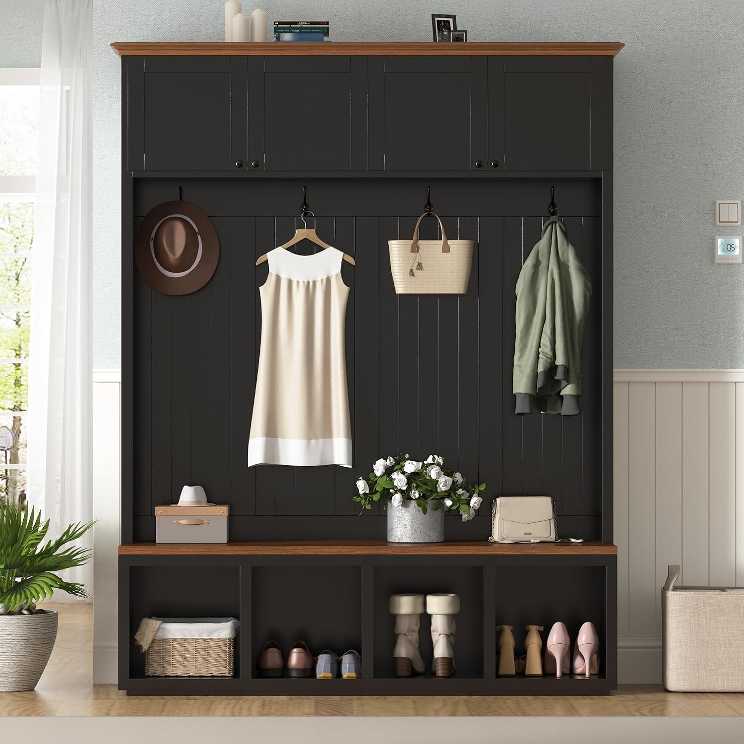 VilroCaz Modern 59''W Hall Tree with Bench and Storage, Farmhouse Wood-grain Accent 4-in-1 Hall Tree with Top Cabinets, Coat Racks and Hooks for Hallway Living Room Mudroom (Black-4DM)