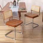 Zesthouse Natural Rattan Dining Chairs Set of 2, Mid Century Modern Dining Room Chairs with Chrome Leg, Faux Leather Kitchen Chair with Solid Wood Back & Cane Mesh, Breuer Cesca Design Inspired, Brown