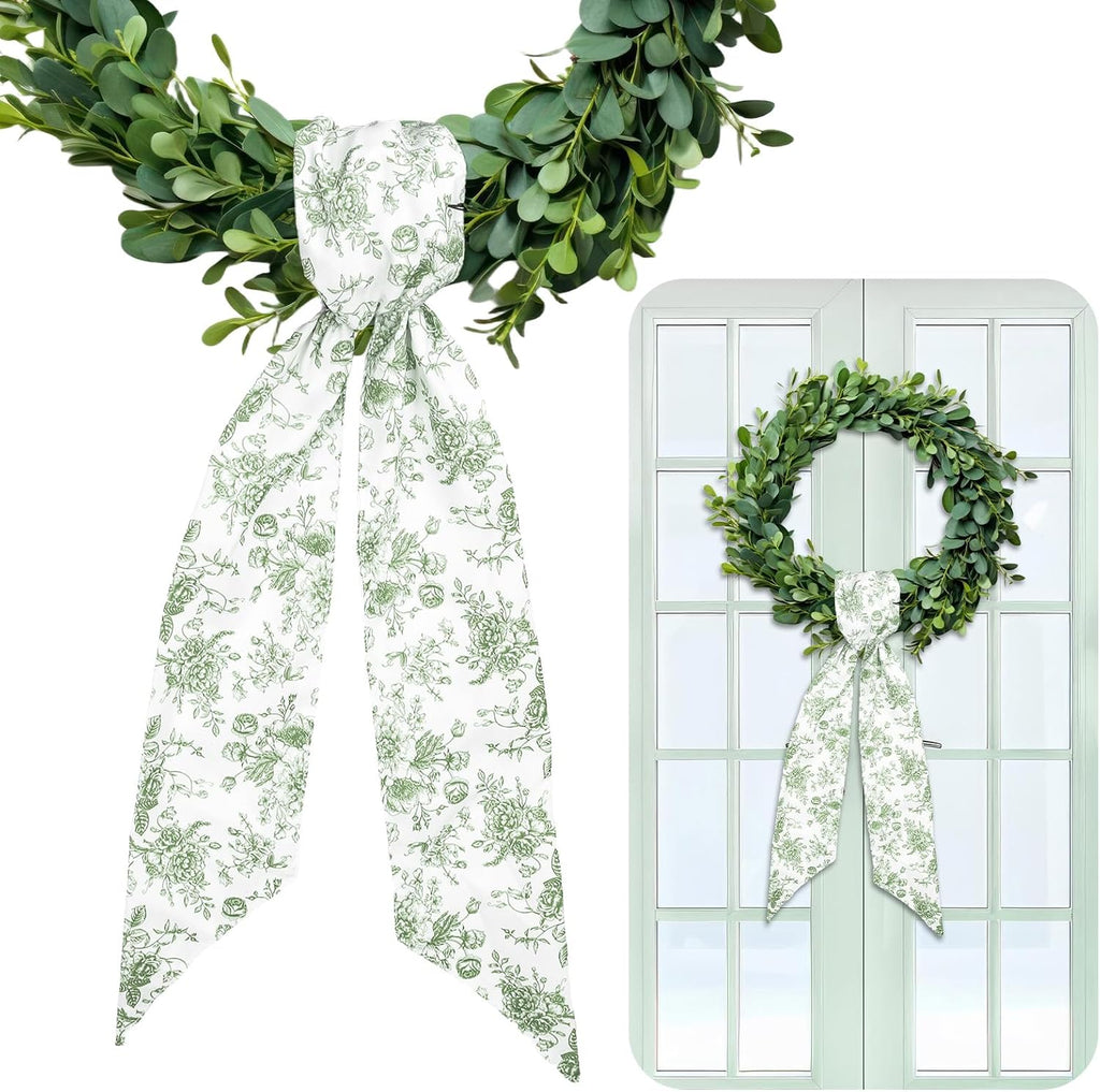 Whaline 2 Pcs Green Flower Wreath Sash for Front Door Chinoiserie Floral Garland Ribbon for Holiday Party Home Decor Indoor Outdoor