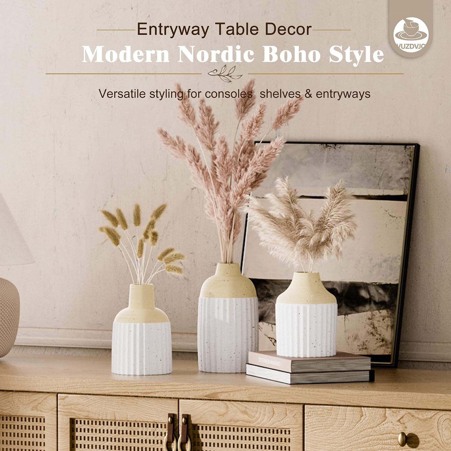 Beige Decorative Vase Set of 3 - Modern Boho Style Ribbed Ceramic Bud Vases for Flowers, Mini Small Vases for Shelf, Shelves, Bookshelf, Entryway Table & Home Decor Aesthetic (Beige White)