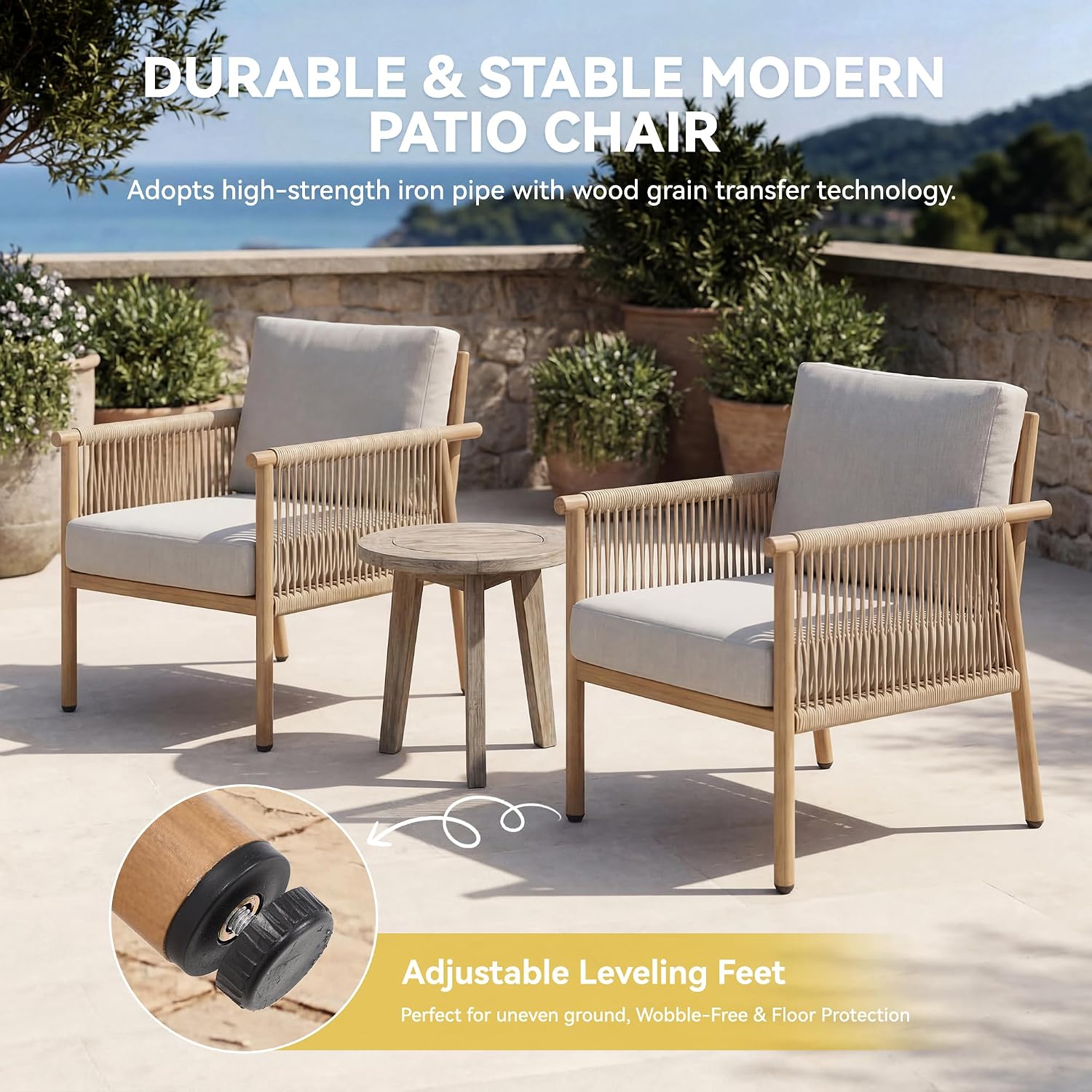 Outdoor Accent Chair, Patio Lounge Chair Set of 2, Hand-Woven Rope with Waterproof Cushions, All-Weather Patio Accent Chairs for Garden, Balcony, Poolside, Grey+Mocha Rope