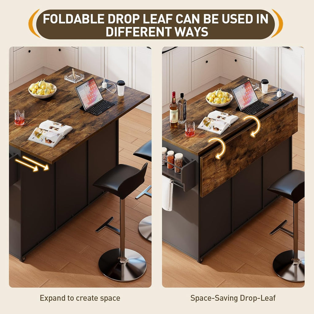 RALGEND Kitchen Island with Storage, 55" Kitchen Cart with Charging Station, Rolling Kitchen Island Table with Drop-Leaf, 3 Drawers, Barn Doors, Towel Rack and Spice Rack, Black and Rustic Brown