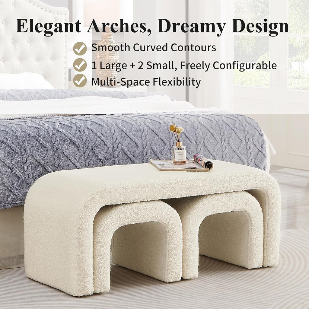3-Piece Modern Ottoman Bench Set, 44" Wide Teddy Upholstered End of Bed Bench with 2 Foot Stools, Padded U-Shaped Entry Bench Vanity Stool for Living Room Bedroom (Cream)