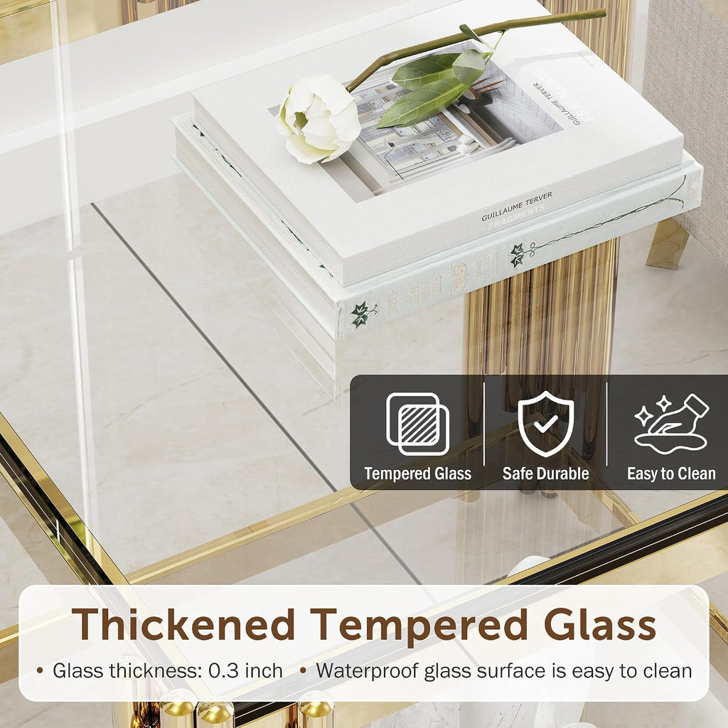 Luxury Gold Square Glass End Table, 19.7" Modern Side Table with Stainless Steel Irregular Leg Clear Tempered Glass Tabletop, Accent Furniture for Living Room (Clear, Set of 2)