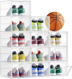 SONGMICS Shoe Boxes, Set of 12, Clear Plastic Shoe Storage, Stackable Sneaker Box, Drop Front Door, Up to US Size 11, Easy Assembly, 13 x 9.8 x 7.1 Inches, Transparent White ULSP032W12