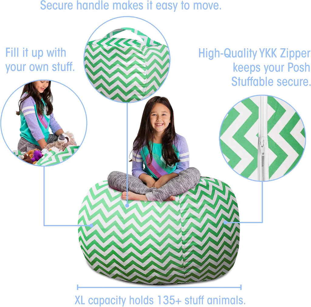 Posh Stuffable Kids Stuffed Animal Storage Bean Bag Chair Cover - Childrens Toy Organizer, X-Large 48" - Pattern Chevron Green and White