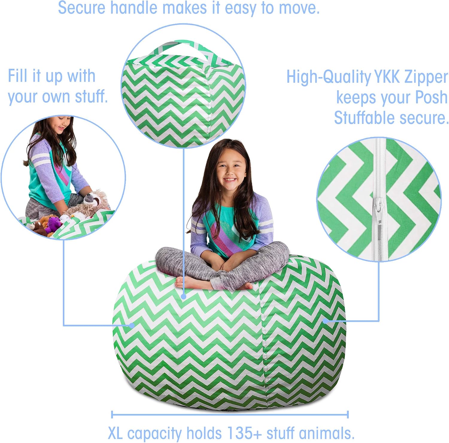 Posh Stuffable Kids Stuffed Animal Storage Bean Bag Chair Cover - Childrens Toy Organizer, X-Large 48" - Pattern Chevron Green and White
