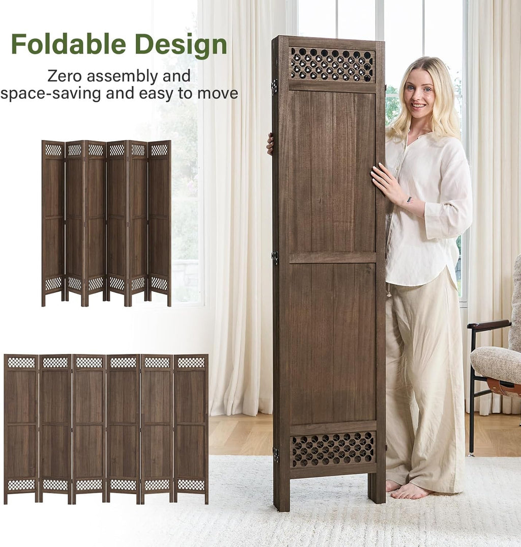 Privacy Screen Room Divider Panel - 67 Inch Tall Natural Wood Folding Partition Room Dividers, No-Assembly Required, Enhance Privacy and Aesthetic Appeal, Ideal for Home or Office Brown 6 Panel