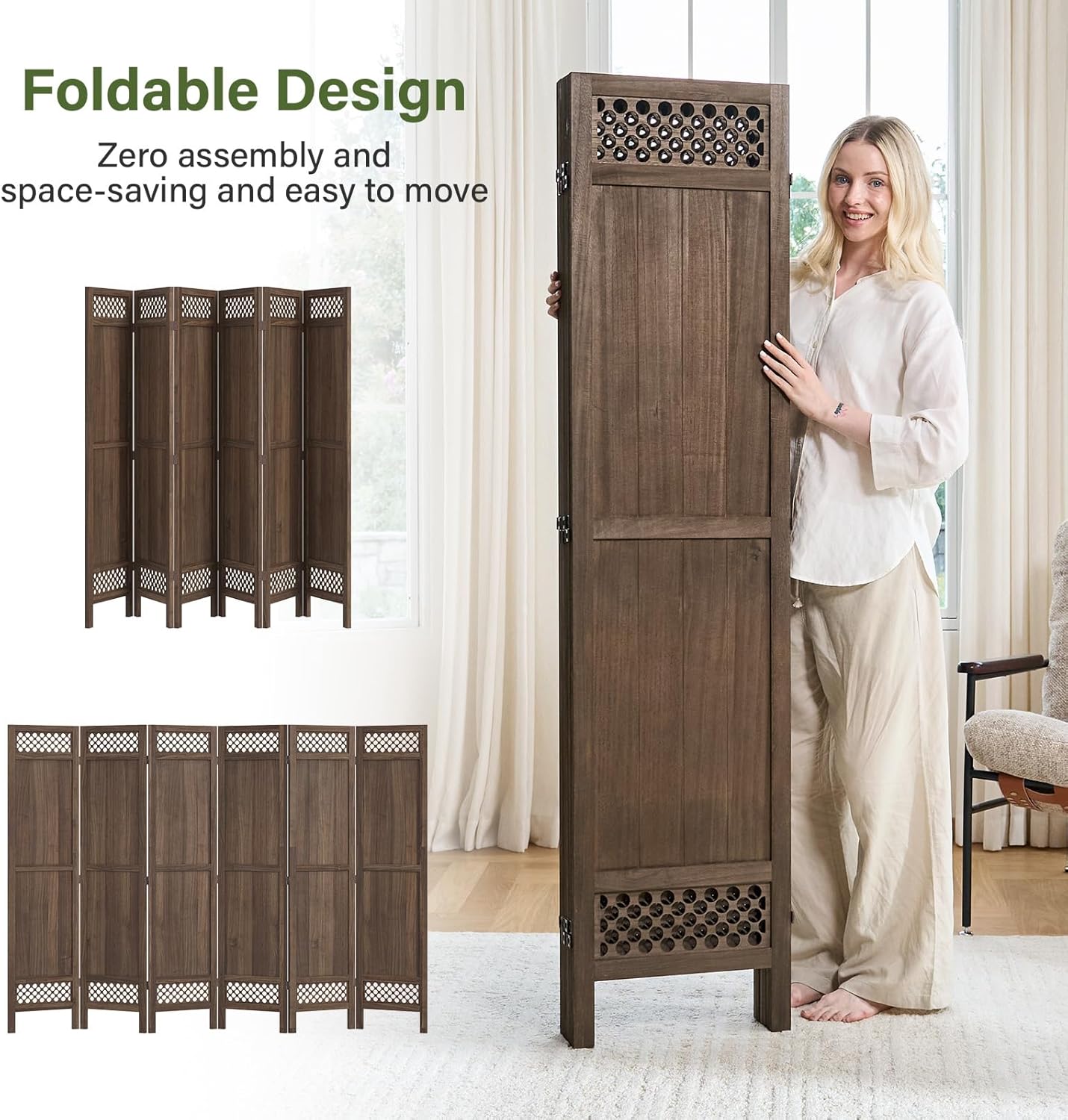 Privacy Screen Room Divider Panel - 67 Inch Tall Natural Wood Folding Partition Room Dividers, No-Assembly Required, Enhance Privacy and Aesthetic Appeal, Ideal for Home or Office Brown 6 Panel