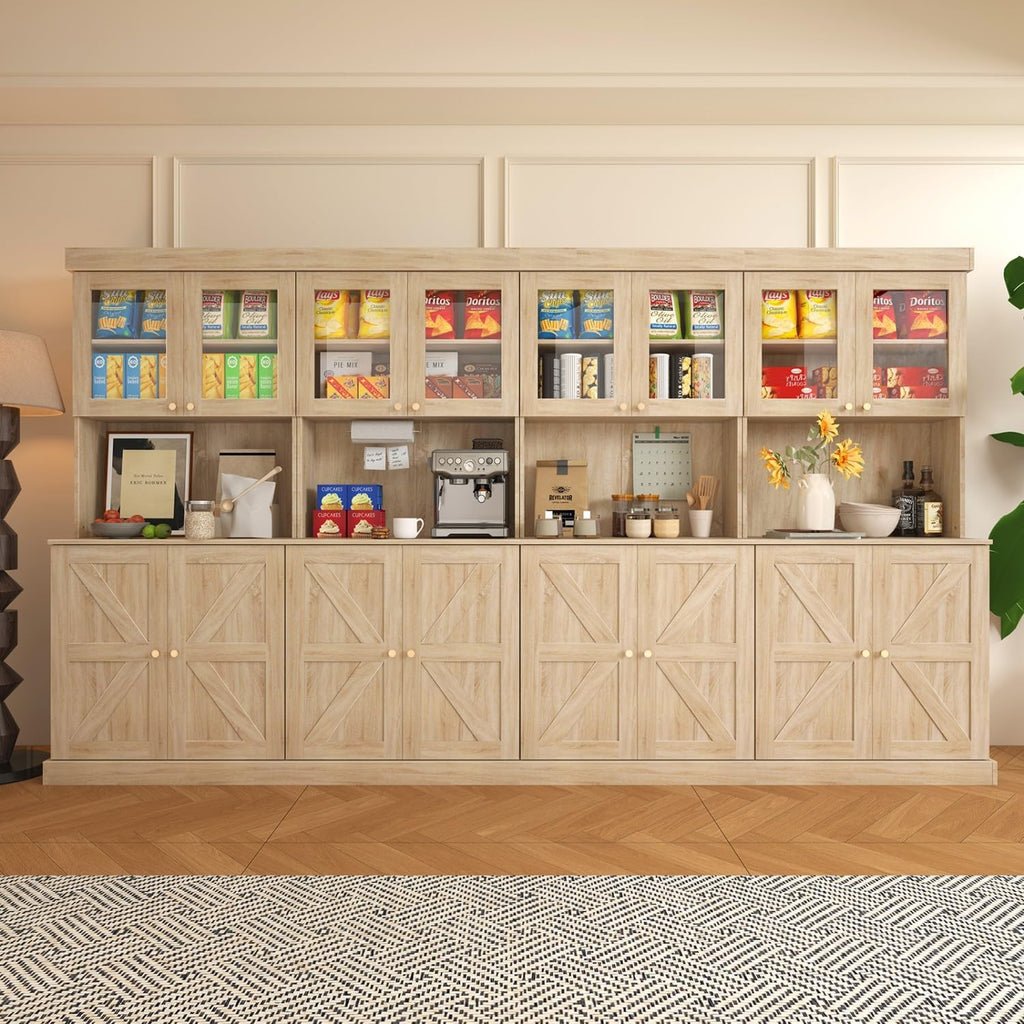 ivaniti 71" Tall Farmhouse Kitchen Pantry, Large Storage Cabinet with Glass Doors, Freestanding Coffee Bar Hutch with Microwave Stand, Adjustable Shelves for Kitchen, Living Room, Brown 4 Pcs