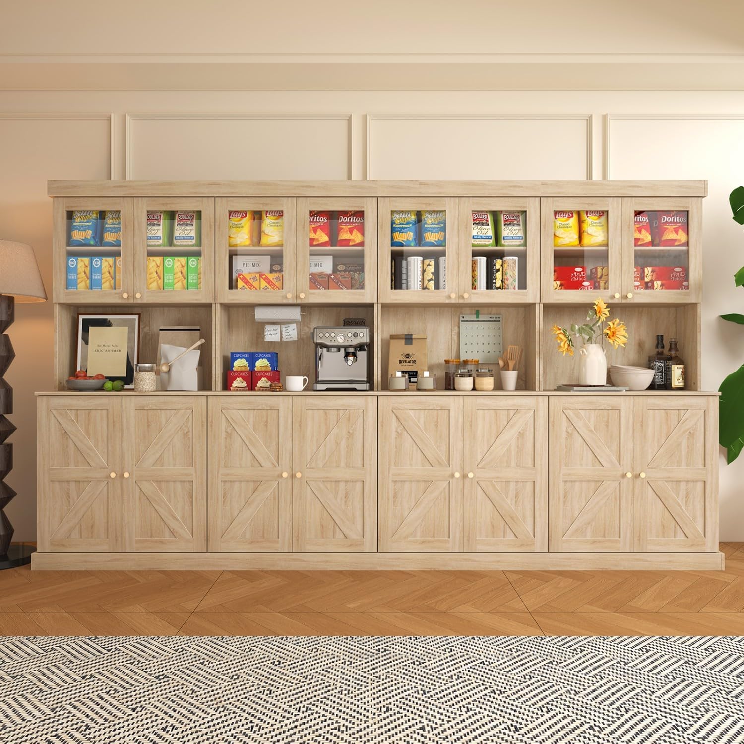 ivaniti 71" Tall Farmhouse Kitchen Pantry, Large Storage Cabinet with Glass Doors, Freestanding Coffee Bar Hutch with Microwave Stand, Adjustable Shelves for Kitchen, Living Room, Brown 4 Pcs