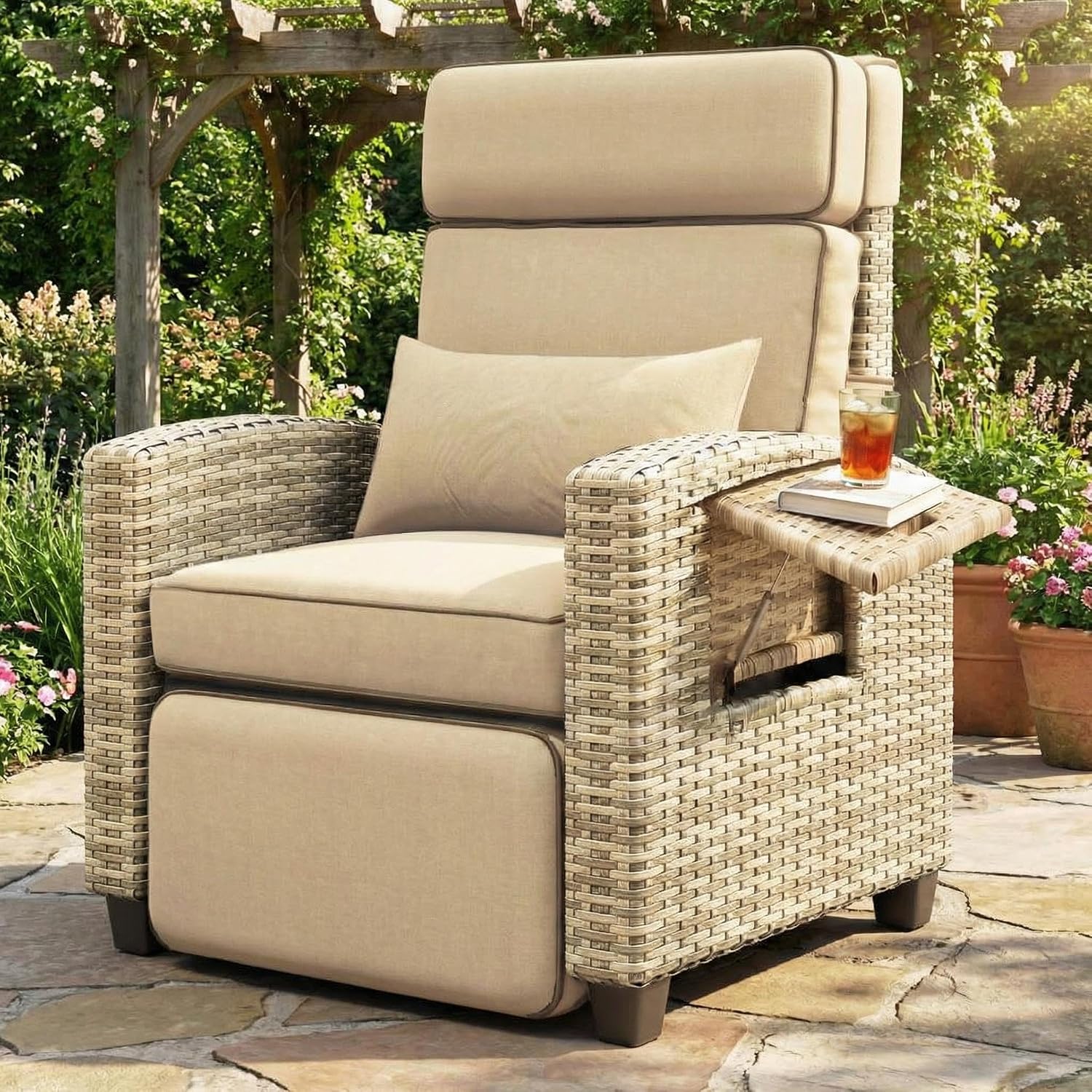 Outdoor Wicker Gas Lift Chair with Cushion, 145° Adjustable PE Rattan Patio with Metal Frame, Height Adjustable Lounge Chair for Garden, Patio, Balcony & Backyard,Brown Wicker ,Khaki Cushion