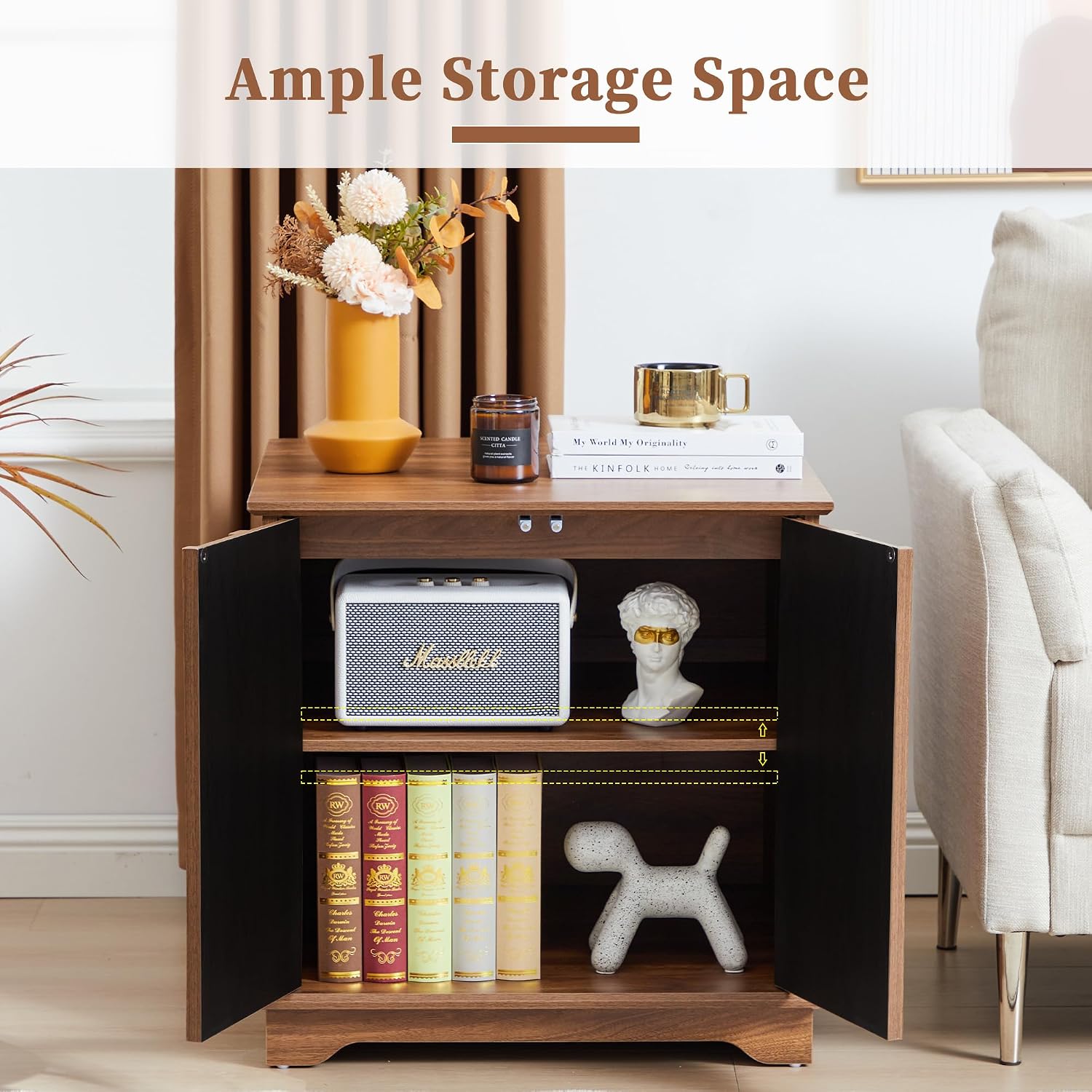 Bifins 24inch Large Square End Table with Storage,Mid Century Modern 2 Door Sofa Side Table with Shelf for Living Room Office