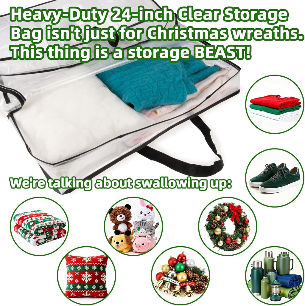 RAINFLOW Wreath Storage Container - 2 PCS Clear Moving Bags Heavy Duty for Christmas Wreaths Garland Clothes Gift Pillow Toy Plastic Storage Bag with Zipper Moving Supplies College Dorm(24 inch)