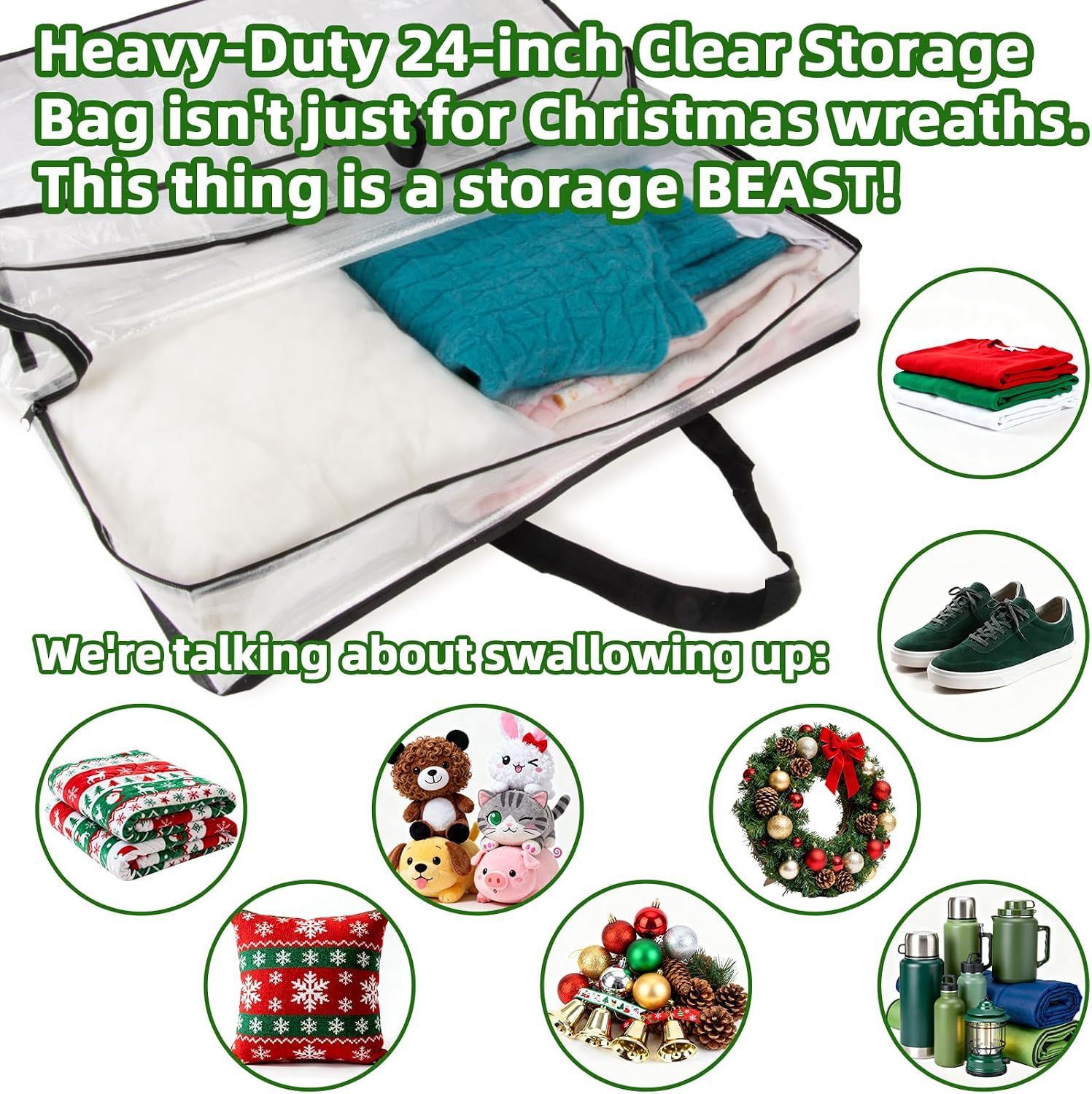 RAINFLOW Wreath Storage Container - 2 PCS Clear Moving Bags Heavy Duty for Christmas Wreaths Garland Clothes Gift Pillow Toy Plastic Storage Bag with Zipper Moving Supplies College Dorm(24 inch)
