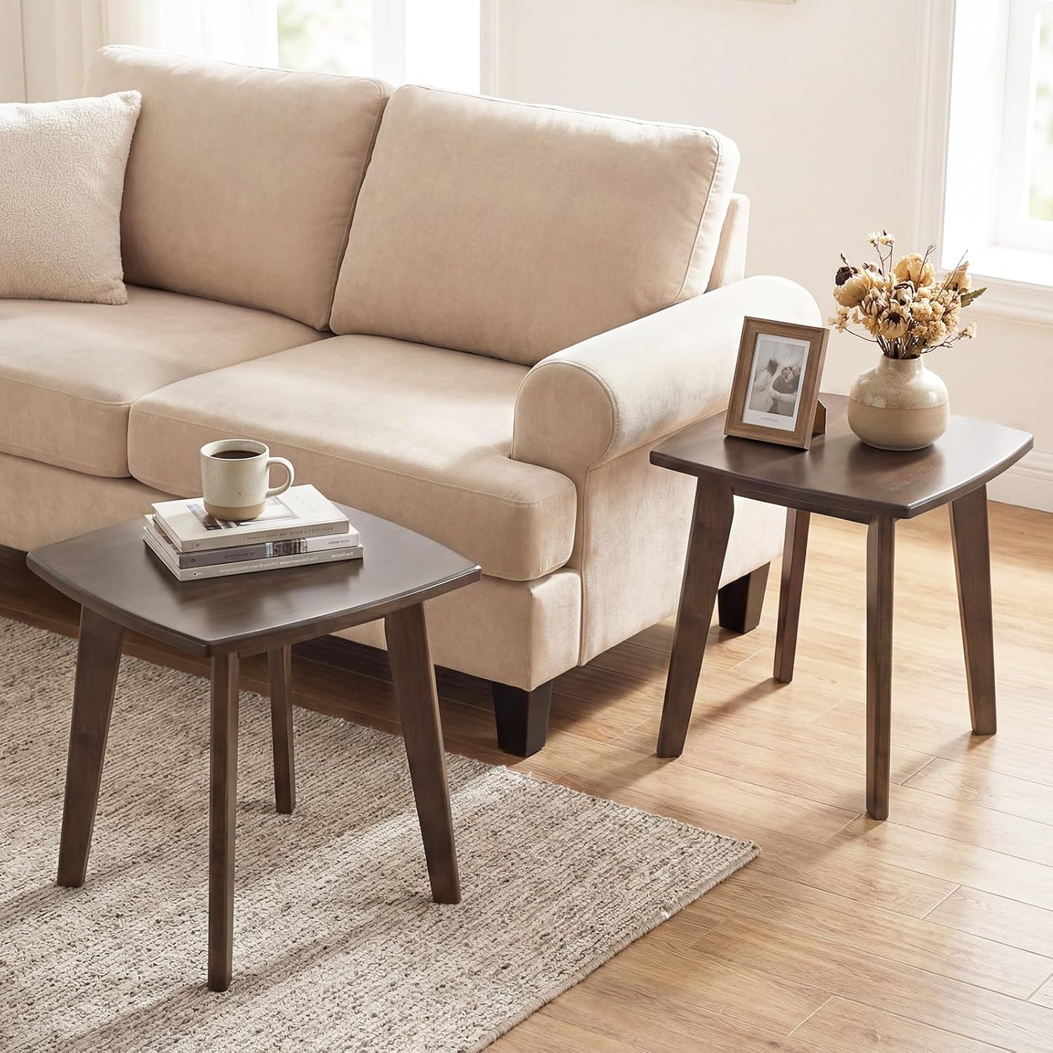 GOFLAME Solid Wood End Table, 17” Square Sofa Side Table with Storage, Thickened Top & Legs, Curved Edges, Retro, Rubber Wood Mid-Century Modern Nightstand for Living Room, Bedroom, Walnut (1)
