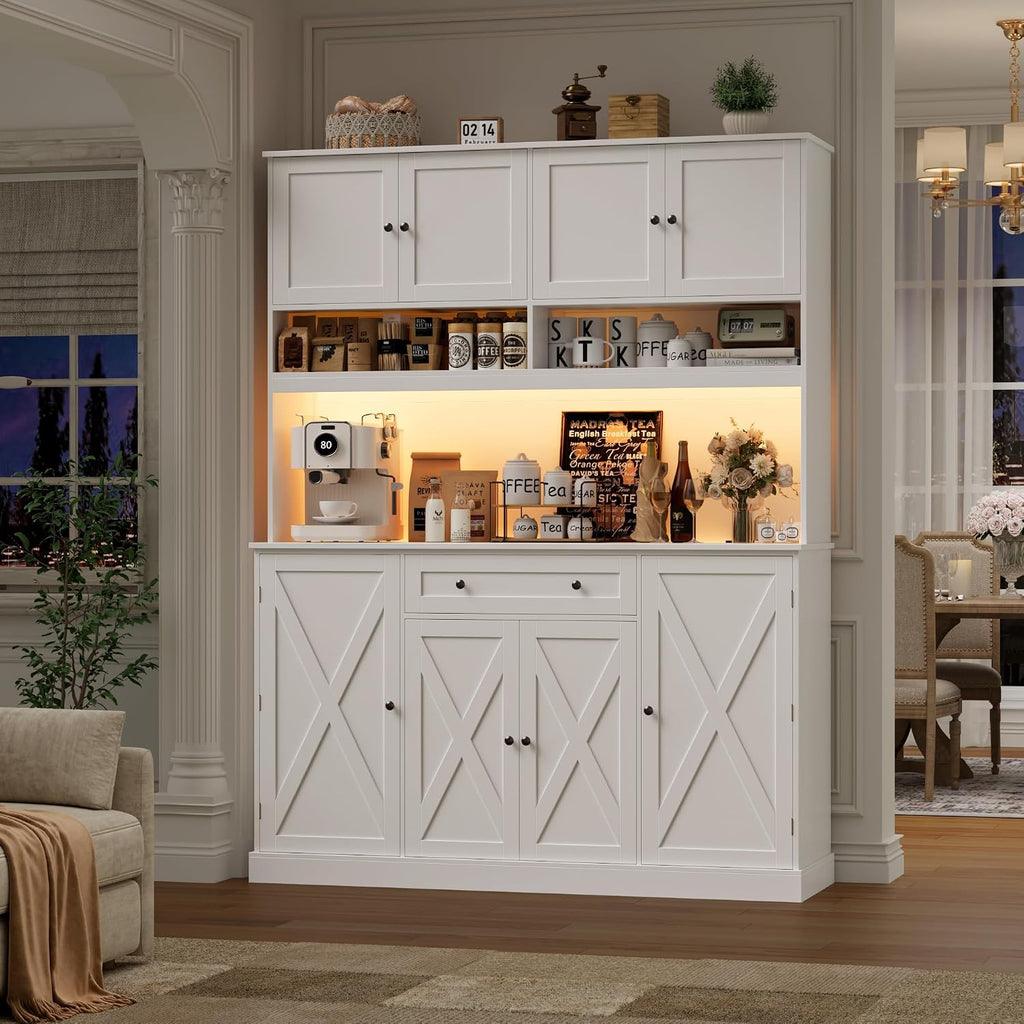 HIFIT 72.8” Tall Kitchen Pantry Cabinet with LED & Charging Station, 55” Wide Farmhouse Pantry Storage Cabinet with Microwave Stand&Shelves&Barn Doors, Kitchen Hutch Coffee Bar for Living Room, White