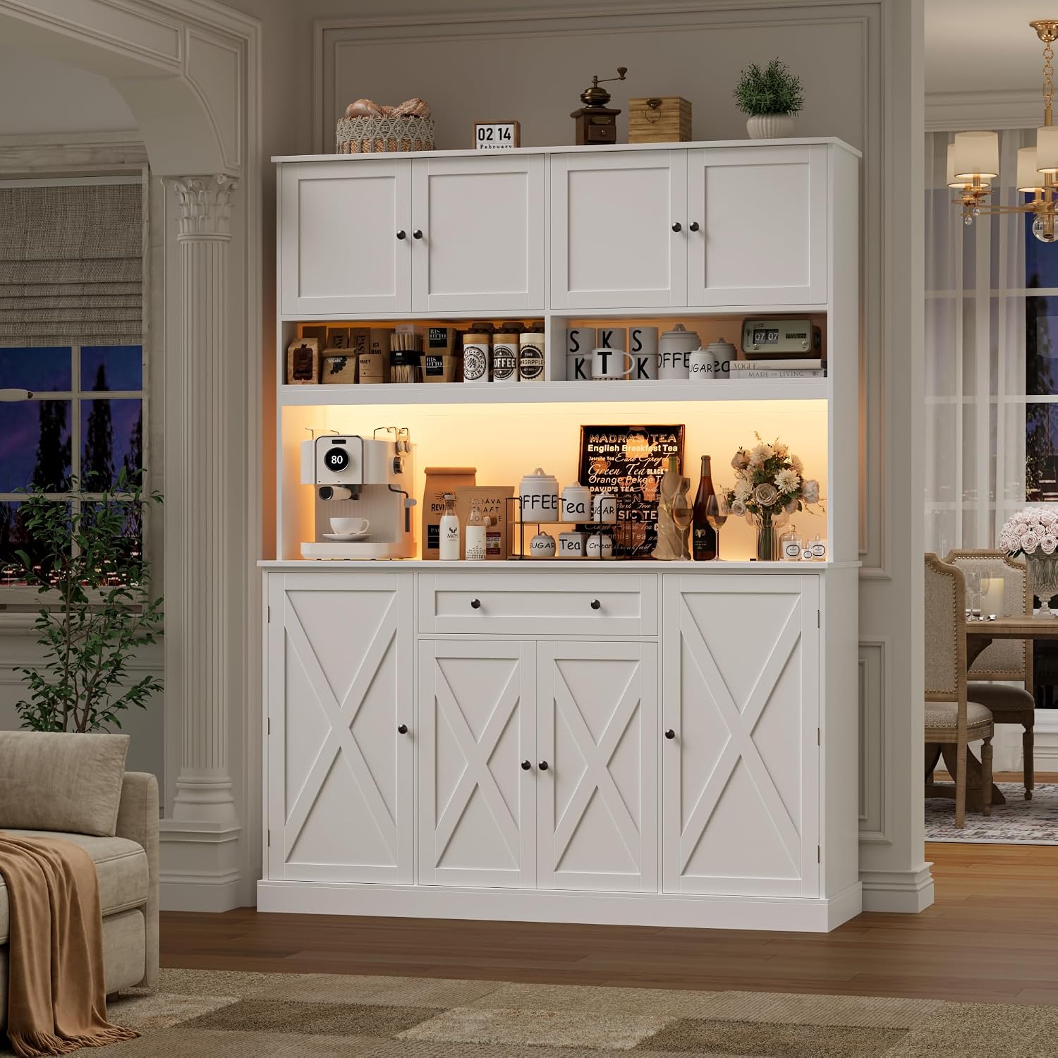 HIFIT 72.8” Tall Kitchen Pantry Cabinet with LED & Charging Station, 55” Wide Farmhouse Pantry Storage Cabinet with Microwave Stand&Shelves&Barn Doors, Kitchen Hutch Coffee Bar for Living Room, White