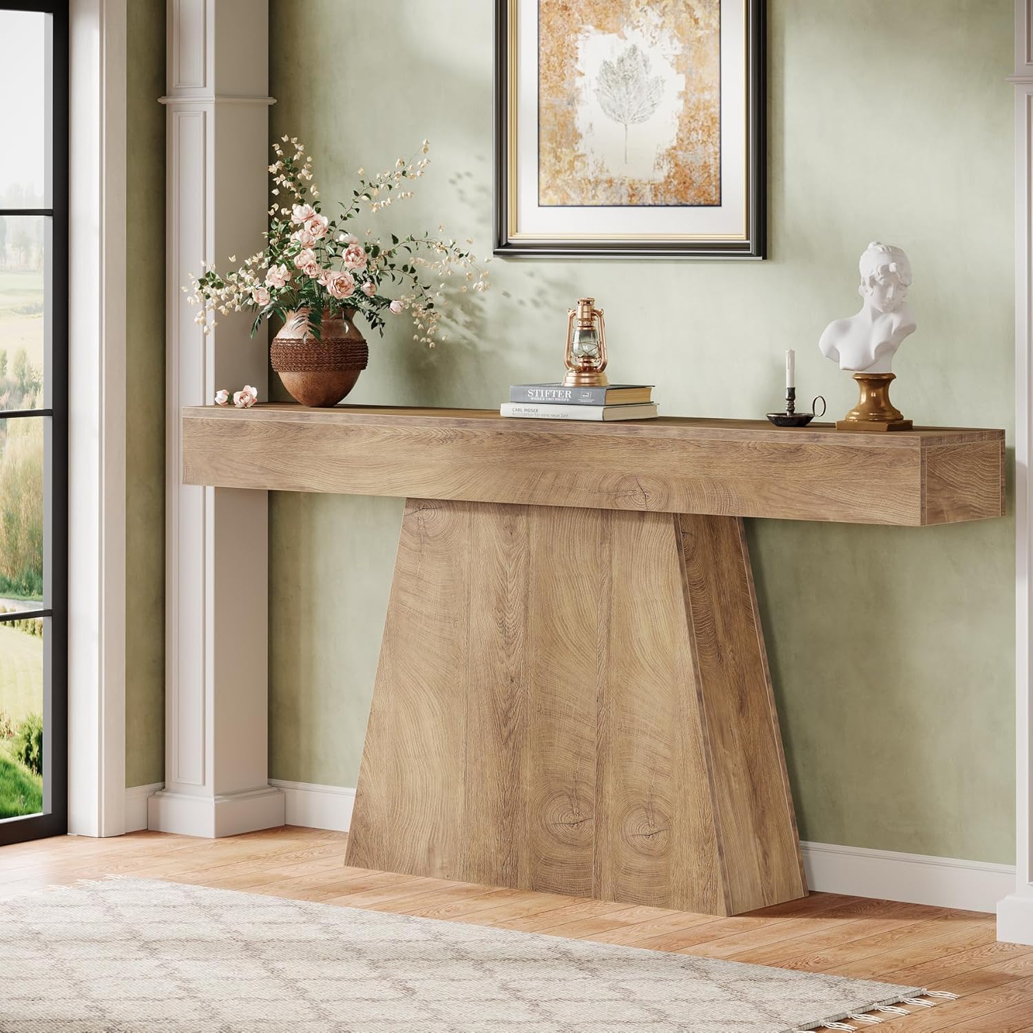 Tribesigns 63" Console Table, Farmhouse Entryway Table with Trapezoidal Base, Narrow Long Wood Sofa Table Behind Couch Table for Entrance, Hallway, Living Room, Natural