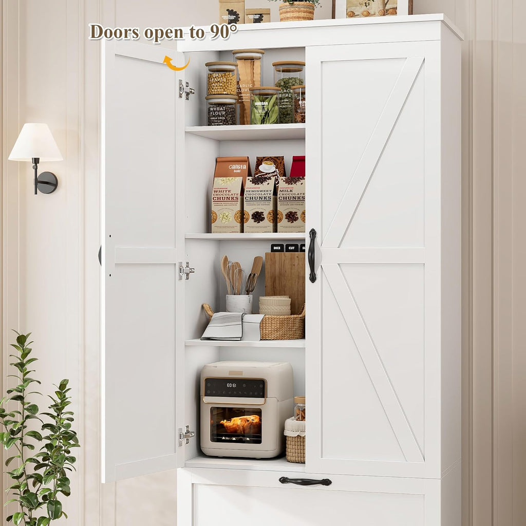 HOSTACK 70" Tall Kitchen Pantry Storage, Barn Doors Pantry Cabinet with Drawers and Adjustable Shelf, Modern Farmhouse Storage Cabinet for Kitchen, Dining Room, Living Room, Bathroom, White