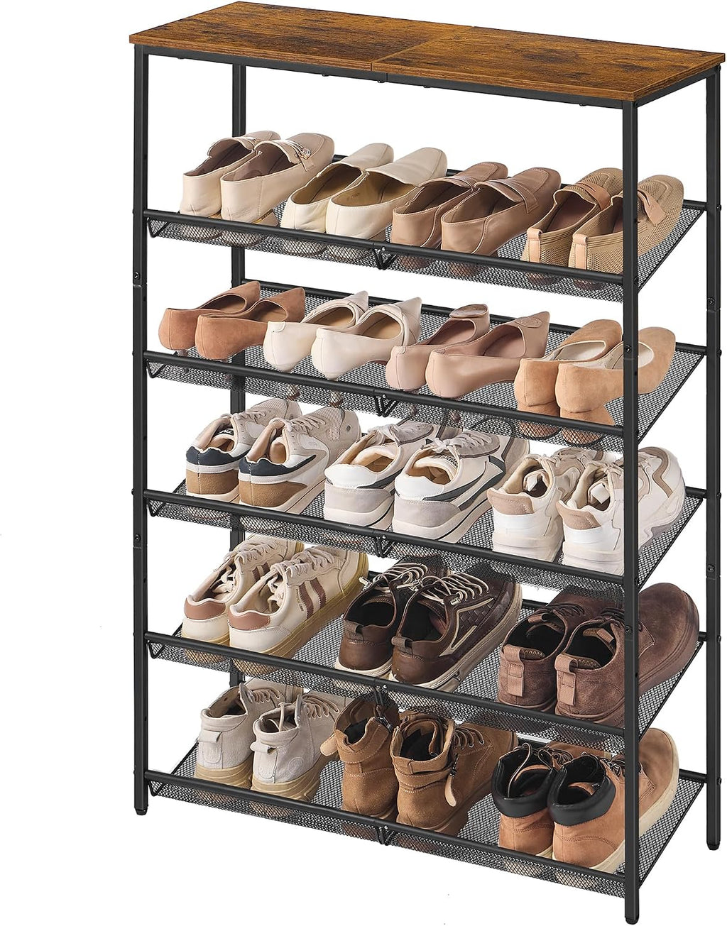 SONGMICS HOME 6 Tier Shoe Storage Organizer, Freestanding Shoe Rack, Dense Mesh, for Living Room, Bedroom, Entryway, Rustic Brown and Black