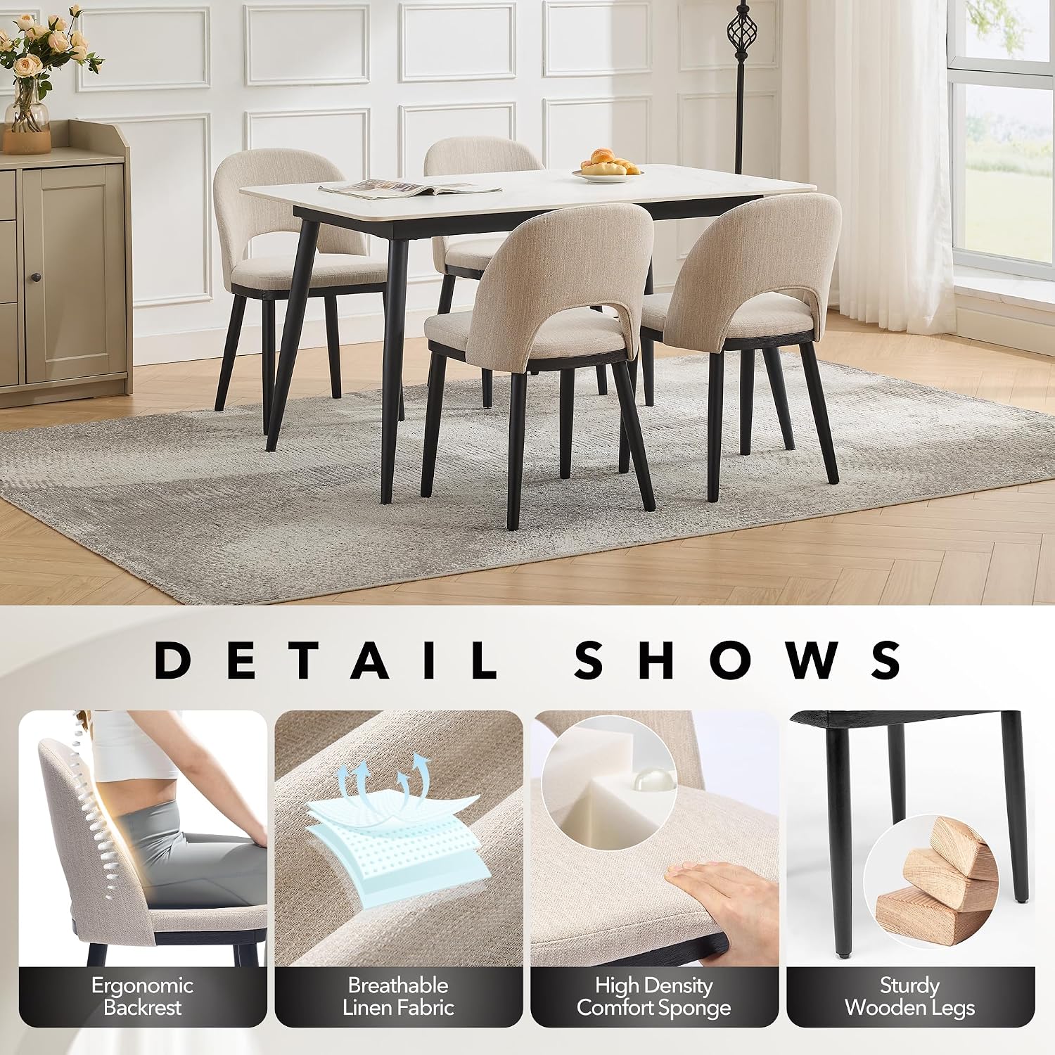 Wooden Dining Chairs Set of 4, Upholstered Kitchen Dining Room Chair, Modern Linen Fabric hollowed out Dinner Chair with Leveling Feet/hollowed out Backrest Support for Dining Room, Living Room,Beige